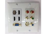 Certicable Custom Made Double Gang Wall Plate In White - Vga/vga   3x Hdmi   Usb 2.0   3.5mm Stereo   5x Rca Audio Component
