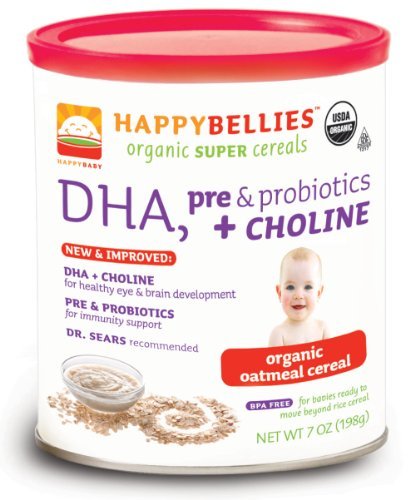 HAPPYBELLIES Organic Baby Cereals, DHA, & Pre & Probiotics  Choline, Organic Oatmeal Cereal,  7-oz. Containers (Pack of 6)