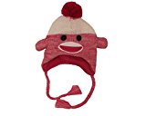 Sock Monkey Head Fleece Lined Pink Knitted Hat with Tassels