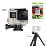 GoPro Hero4 Hero 4 12MP Full HD 4K 30fps 1080p 120fps Built-In Wi-Fi Waterproof Wearable Camera Black Adventure 8GB Edition with GoPole Base Bi-Directional Compact Tripod