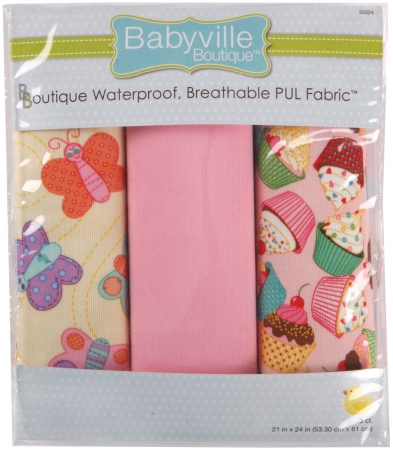Dritz 140167 Babyville Waterproof Diaper Fabric 21 in. x 24 in. Cuts 3-Pkg-PUL Sweet Stuff Butterflies & Cupcakes