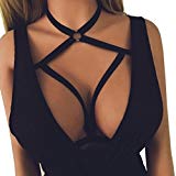 FDelinK Women Ladies Bra Elastic Cage Bra Strappy Hollow Out Halter Bra Bustier Top (S, Black)