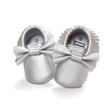 LIVEBOX Infant Baby Girls' Bow Mocassins Soft Sole Anti-Slip Tassels Prewalker Toddler Shoes (L: 12~18 months, Silver)
