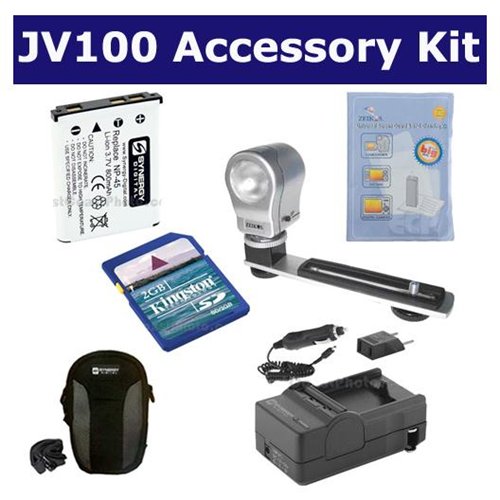 Fujifilm FinePix JV100 Digital Camera Accessory Kit includes: ZELCKSG Care & Cleaning, SDM-141 Charger, KSD2GB Memory Card, SDNP45 Battery, ZE-VLK18 On-Camera Lighting, SDC-22 Case