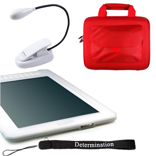 Amazon Kindle DX Combo: Semi Transparent White Silicon Skin With RED Kroo Cube Travel Carrying Pouch Case with Side Pocket   Includes a 4-Inch Determination Hand Strap and 2LED UltraFlex2 E-Reader Might Light