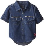 U.S. POLO ASSN. Little Girls' Denim Shirt with Nailhead On Chest Pockets, Totally Pink Pony, 3T