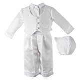 Lauren Madison baby boy Christening Baptism Infant Satin Vest Set with Pant, White, 0-3 Months