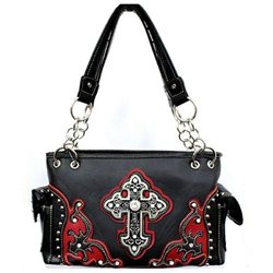 Red and Black Detailed Cross Conceal and Carry Purse with Rhinestones