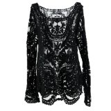 FINEJO Semi Sheer Sleeve Embroidery Floral Lace Crochet Tops Vintage