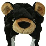 Plush Black Bear Hat Hat With Long Ear Flaps & Attatched Mittens