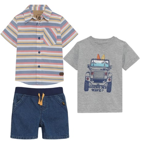 Heathered Button-up Shirt, Graphic T-shirt And Denim Shorts Set (for Infants)