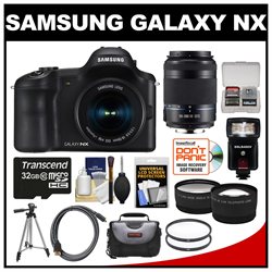 Samsung Galaxy NX Android 4G LTE Wi-Fi Digital Camera & 18-55mm Lens with 50-200mm Lens   32GB Card   Case   LED Flash   Tripod   Tele/Wide Lenses Kit