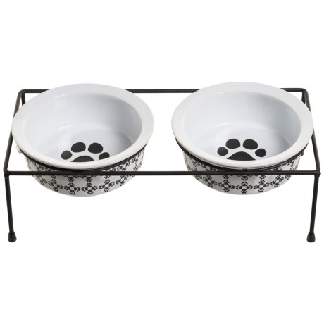 Lined Black Paw Print Ceramic Elevated Dog Feeder