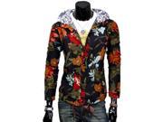 Kmfeil Men Multicoloured Slim Single-breasted Hoodies Plants Pattern Jacket