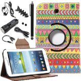Pandamimi ULAK(TM) 360 Degree Swivel Stand Rotating PU Leather Wallet Wristlet Type Design Flip Stand Case Cover for Samsung Galaxy Tab 3 7.0 T210 P3200 P3210 with 9 Accessories - Screen Protector/Cleaning Cloth/Application/Headphone/USB Cable/Car Charger/Touch Stylus/Earphone Splitter Cable (1 in 2 out)/Fishbone Shape Earphone Cord Winder Newest 11 in 1 (Freehand Sketching Tribal)