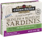 Crown Prince Natural Skinless & Boneless Sardines in Pure Olive Oil, 3.75-Ounce Cans (Pack of 12)
