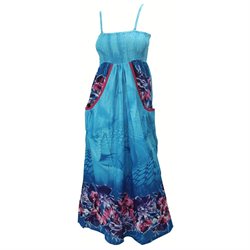 La Leela Cotton Floral Printed Two Side Pocket Smocked Long Tube Dress Blue