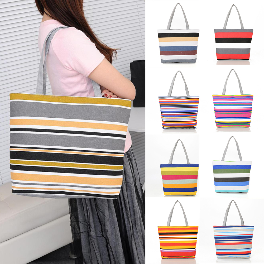 Fashion Canvas Striped Rainbow Prints Shoulder Tote Bag Women Casual Handbag
