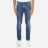 Men?s blue skinny fit drainpipe jeans from the Vivienne Westwood Anglomania collection. Crafted from stretchy blue denim and fastened with a branded top button closure and a zip fly, the five pocket jeans feature signature orb embroidery to the rear pocket and authentic faded patches. Complete with contrast stitching, a branded leather waistband patch and subtle distressed detailing.  70% Cotton, 14% Polyester, 14% Lyocell, 2% Elastane Model is 188cm/6'2  and wears a size W32.