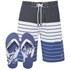 Men?s ?Shore? board shorts from Smith & Jones with a colour blocked navy and striped design. Fastened with an elasticated waistband with adjustable drawstrings, the knee-length swim shorts feature two side pockets, a single rear pocket with Velcro fastening and embroidered brand detail to the leg. The navy flip flops feature a classic white toe thong design while the textured foot bed is finished with signature white branding. ? A.D.  Shorts: Polyester. Flip Flops: Rubber.