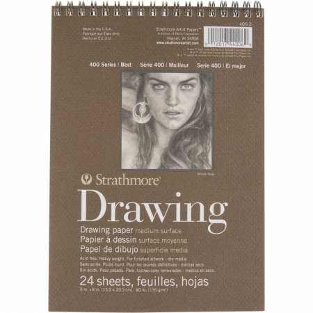 PRO-ART-Strathmore: Drawing Paper Pad. This paper pad includes twenty-four sheets of acid free; 80-lb heavy weight paper with a medium finish- ideal for finished artwork and dry media. It measures 6x8 inches and is spiral-bound. Made in USA. Item Height: 8.5 Item Width: 6 Item Depth: 0.2