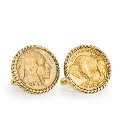 Cufflinks can add an elegant and stylish statement to a man's attire as well as injecting a bit of personality. Our goldtone rope bezel coin cuff links include genuine U.S. Buffalo Nickels encircled by antique rope settings that will make your cuffs a great conversation starter at your social event. The Buffalo Nickel was first released into circulation on March 4, 1913 and composed of copper and nickel. The design was created to enhance the beauty of American coinage. The designer James Earle