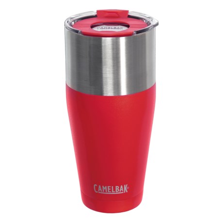 CLOSEOUTS . CamelBakand#39;s Kickback mug is made from high-quality, vacuum-insulated stainless steel to keep drinks hot or cold for hours. The unique press-on lid is designed to switch between hot and cold drinks. It features two openings -- a small one for sipping hot drinks and a large one for bigger gulps -- each with a snap-back closure tab. Available Colors: ELECTRIC, OBSIDIAN, STAINLESS PFB, ATLANTIC, STAINLESS, BONFIRE, GLACIER, DRAGON.