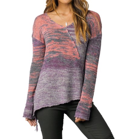 CLOSEOUTS . Your boho-loving wardrobe is about to get its signature cool-weather piece! prAnaand#39;s Vignette sweater is a swoon-worthy essential in silky, drapey knit fabric with artisan-inspired ombre rainbow coloring and a dramatic asymmetric hemline youand#39;ll adore. Available Colors: HENNA, PURPLE TART. Sizes: S, M, L, XL, XS.