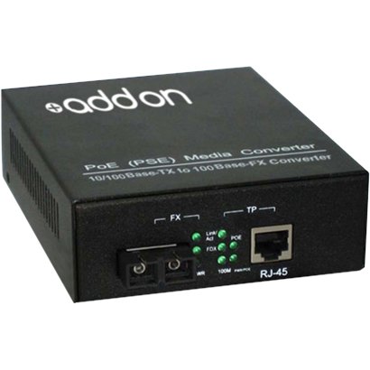 ADD-FMCP-FX-SC is a Media Converter that converts a 100Base-TX(RJ45) to 100Base-FX(SC) via a 1310nm multi-mode fiber (MMF) SC connector, which allows distance reach up to 2km. ADD-FMCP-FX-SC provides a cost effective conversion from 100Base Copper to 100Base-FX fiber, while extending the network reach beyond the 100m reach limitation of copper. This AC/DC powered PoE media converter is a Power Sourcing Equipment (PSE), which combines data transferred over a fiber optic link with 48V (or other