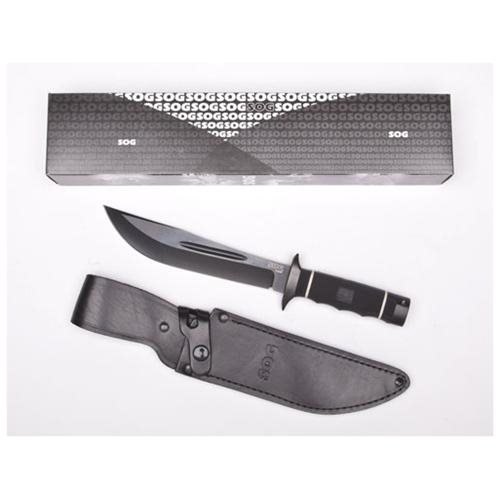 SOG Knives - Black TiNi Creed Fixed Blade Knife with Black Kraton Handles: Model SOG-99211. 11 1/8" overall. 7 1/2" black Ti-Ni finish AUS-8 stainless blade. Textured black Kraton handle. Black finish stainless guard and pommel. Black leather belt sheath included. Made in Taiwan.