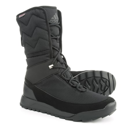 CLOSEOUTS . The soul of trekking boots with the look of high fashion, these adidas outdoor ClimaWarmand#174; Choleah High ClimaProofand#174; snow boots keep you stylishly warm and dry all winter long. ClimaProofand#174; waterproof technology combines with ClimaWarmand#174; and PrimaLoftand#174; Eco insulation to seal out the weather all winter long, and the quilt-stitched textile upper adds cold-weather chic. Available Colors: BLACK/BLACK/BLACK, RAW PINK/BLACK/UTILITY BLUE, VAPOUR GREY/BLACK/TECH EARTH. Sizes: 5, 6, 6.5, 7, 7.5, 8.5, 10.5, 12, 9, 10.