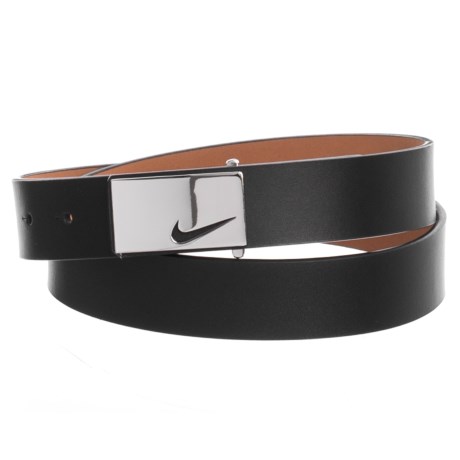 CLOSEOUTS . Donand#39;t sweat the accessories with this Nike Sleek Modern Logo belt. Leather strap has five reinforced holes and a pin-closure buckle for quick adjusting. Available Colors: WHITE, BLACK, SILVER, NAVY. Sizes: XS, S, M, L.