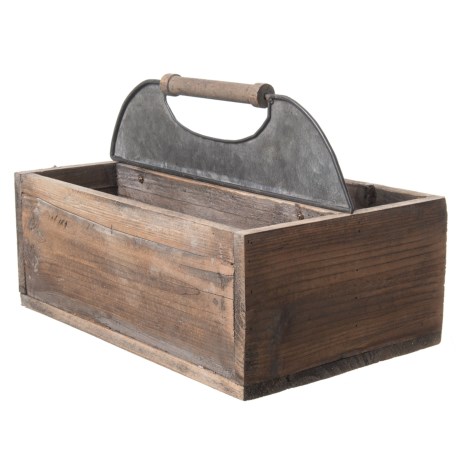 CLOSEOUTS . The options are endless for how youand#39;ll use PD Home andamp; Gardenand#39;s Wood and Tin tool box. Crafted from reclaimed wood with metal accents, this double bin carryall is perfect for gardening tools or for lugging tasty beverages to the patio. Can also be used inside with small potted plants for a rustic centerpiece, or as a caddy for electronic devices and more. Available Colors: NATURAL.