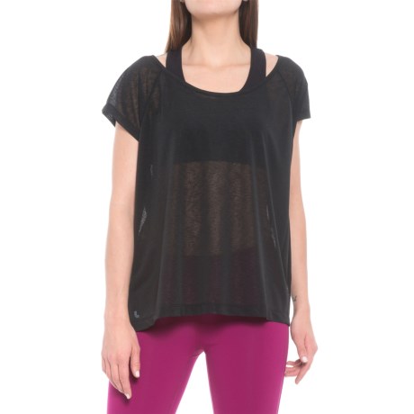 CLOSEOUTS . Loleand#39;s Beth shirt is made of ultra-lightweight toile mesh and can be worn knotted in the back (or not) for a versatile pairing with active bottoms! Available Colors: ARTIC BLUE, BLACK, AZALEA. Sizes: XS, S, M, L, XL.
