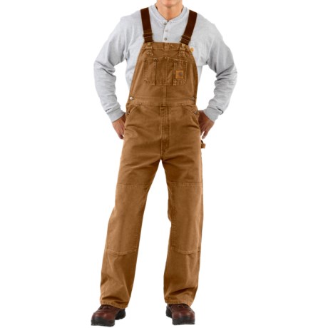 2NDS . These unlined Carhartt bib overalls are durably built of garment-washed 12 oz. cotton sandstone duck. Multiple pockets and adjustable suspenders give extra comfort and functionality to these outstanding all-purpose work bibs. Available Colors: BLACK, MOSS, DARK BROWN, CHESTNUT, CARHARTT BROWN, 12.