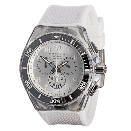 CLOSEOUTS . A handsome timepiece with an air for eye-catching style, TechnoMarineand#39;s Cruise California watch comes in polished metal with a unique analog display that blends Roman and Arabic numbering. The chronograph and date window add timekeeping functionality, and the silicone straps are interchangeable for switch-up style. Available Colors: WHITE/ANTIQUE SILVER.