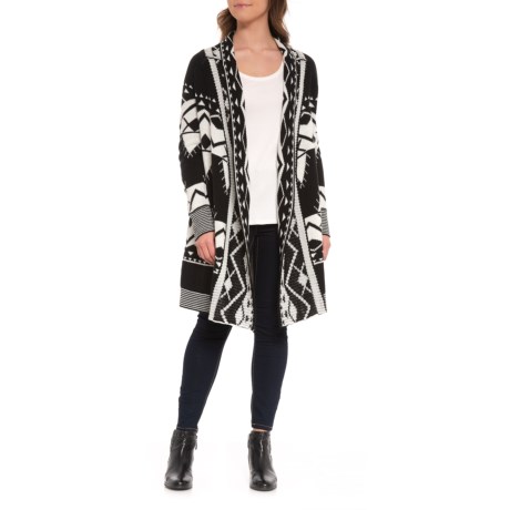 CLOSEOUTS . Buffaloand#39;s Black Multi Azteca sweater drapes beautifully over your favorite tops to add cozy warmth and a pop of colorful style. Available Colors: BLACK MULTI. Sizes: XS, S, M, L, XL.