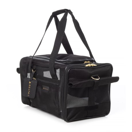 CLOSEOUTS . Airline approved and safe for comfy travel, the Delta Deluxe pet carrier includes a faux-lambskin liner perfect for traveling in comfort by plane or automobile, for adventure or just a trip to the vet. Available Colors: BLACK.
