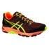 The Asics men?s Gel FujiTrabuco 4 Trail Running Shoes provide support and stability for runners who overpronate. Designed for trail running, the running shoes have a waterproof and breathable upper to protect the feet from extreme weather conditions. The rugged rubber outsole features large lugs that offer greater traction for uphill and downhill trail running.  DuoMax® midsole technology offers enhanced support while rearfoot and forefoot GEL cushioning lessens impact. Solyte midsole technology increases comfort and durability while the ComforDry? sockliner offers enhanced cushioning and anti-microbial properties to keep feet cool and fresh. ? A.D.  Key Features:    Lace Pocket ? Pocket allows laces to be tucked in and unexposed.  3M Reflective ? Reflective material increases night time visibility.  Anti-Gravel Tongue ? Gussetted construction stops debris from entering the shoe.  AHAR  - New blown AHAR outsole material for increased cushioning, durability and ride.  Rearfoot and Forefoot GEL® Cushioning System ? Reduces shock during impact and toe-off phases while enabling movement in multiple planes.  Clutch Counter ? Exoskeletal heel counter offers increased support and improves heel fit.  Rock Protection Plate ? Shields the foot from sharp objects such as rocks or branches.  ComforDry? Sockliner ? High level cushioning and an anti-odour finish.  DuoMax® Support System ? Dual-density midsole enhances support and stability.  Solyte® Midsole Material ? Lighter midsole compound than standard EVA and SpEVA® to enhance cushioning and durability.  SpEVA 55 Lasting ? Midsole material offers enhanced cushioning and comfort.  Trail Specific Outsole ? Reversed lugs for uphill and downhill traction on any terrain.  Trusstic System® ? Reduces weight of the sole unit while maintaining structural integrity.