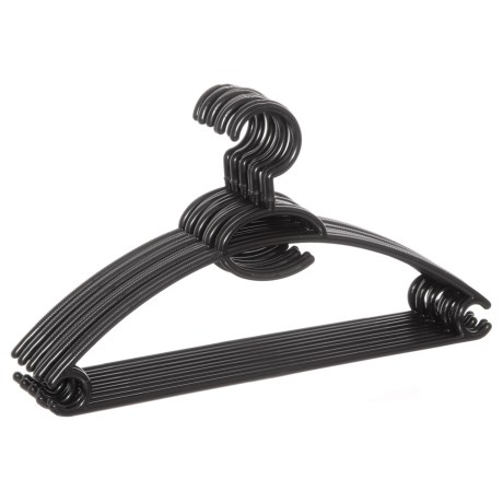 CLOSEOUTS . Home Basics plastic hangers are lightweight with a non-slip grip and a notch for hanging blouses. Available Colors: BLACK, WHITE, SILVER.