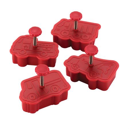 Construct fun designs on cakes, cupcakes, and more with the Cake Boss Decorating Tools 4-Piece Work Truck Fondant Press Set. This creative fondant press set includes four construction-themed truck shapes - a fire, tow, delivery, and dump truck - to add a lot more fun into baking. Each fondant press is constructed from solid, durable nylon, and features a convenient spring-loaded handle to help decorators of all ages lift and move the presses around on rolled fondant, pastry and cookie dough.
