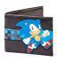 A bi-fold wallet which includes a running Sonic motif on the front with repeated Sonic logo text embossed. Inside the wallet you will find a coin pouch, notes compartment and three card slots.  Features    Sonic motif with pixelated horizontal band  Exterior embossed with Sonic logo pattern  Coin button pouch  Three card slots  Notes compartments  Professionally stitched  Official Sega licenced merchandise
