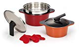 Happycall 3900-2004 Hard Anodized Ceramic Nonstick Pot 7-Piece Set, Oven Safe, Dishwasher Safe, Steamer, Silicone Pot Holders, Cookware Set, Red, Orange
