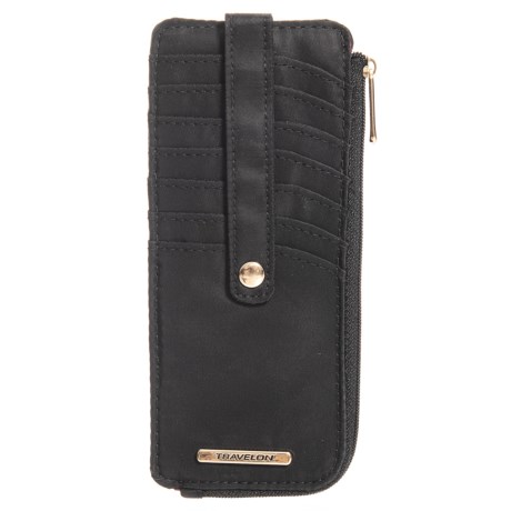 CLOSEOUTS . Slender and safe at once, Travelonand#39;s RFID-blocking slim zip wallet holds cash, cards and an ID with its own window. Available Colors: BLACK.
