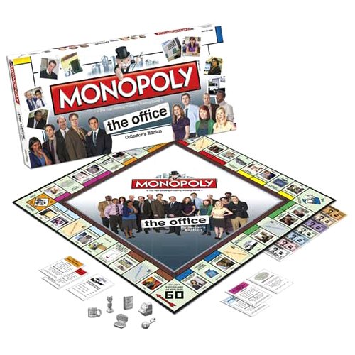 ONE Brand New Sealed Board Game! The Office Collector's Edition Monopoly! Now you can own and control it all, like Dwight wishes he could! It's your opportunity to become the World's Best Boss as you buy, sell and trade your favorite locations from The Office! This new take on the classic Monopoly game transforms the traditional game board properties into popular locations in The Office such as Dunder Mifflin Scranton and Michael's Condo. In addition, players might land on Rudit-dit-d'doo!