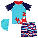 Kids Boys Two Piece Swimsuits Rash Guard Short Sleeve Sunsuit Swimwear Sets with Hat UPF 50  (Crab, 7-8Years)