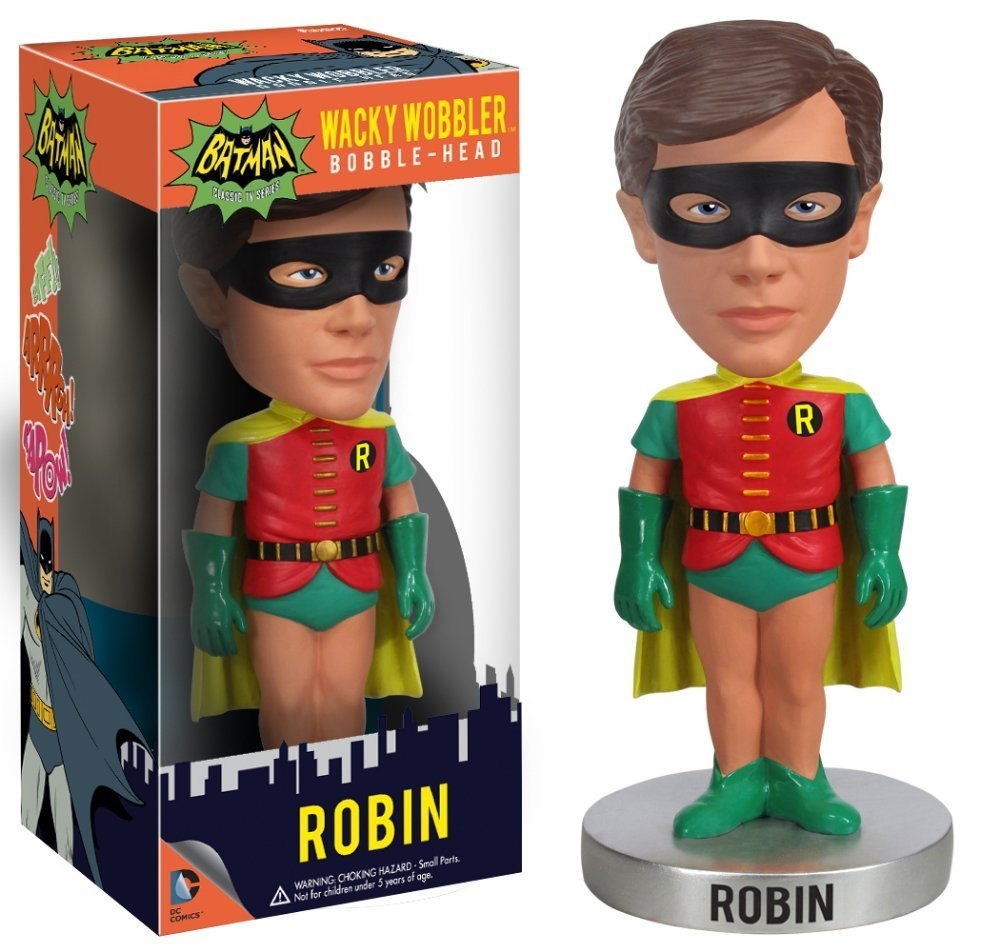 From the hit wacky 1966 Batman TV Series! This Batman TV Series Robin Bobble Head features Batman's trusty sidekick, Robin the Boy Wonder, as played by Burt Ward, with a giant bobbling head. Nodding yes to getting your hands on this Robin bobble head? Grab the Batphone! There's still time left! Add this unique wobbler to your DC Comics collection today!