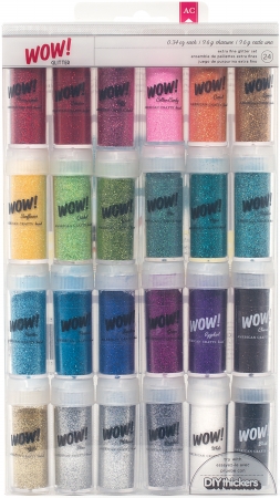 Features American Crafts-Wow Glitter. Wow Glitter adds dazzling color and sparkle to projects that is impossible to resist. This package contains twenty-four jars of extra-fine glitter. Acid free, archival quality. Package - 24 Capacity - 34 oz.