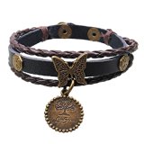 Ysiop Men Women Retro Leather Bracelet Bohemia PU Braid Wristband Fashion Wood Beads Hemp Rope Wraps and Bangles Butterfly