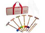 Trademark  Budweiser 24 piece 6 Player Croquet Set - Complete Game Type: Cricket & CroquetÂ  Features: Get out and enjoy the beautiful weather with this handy Budweiser croquet set! Perfect for your next BBQ, picnic, party, or reunion! A great way to get family and friends together for endless fun!  Features Include:  - 6 - 26 inch solid wood mallets with 1.85 inch diameter cushion-capped heads - Budweiser carrying case to keep everything together - 6 - 3 inch croquet balls - Durable and long lasting design - 2 Solid wood stakes - 9 Wickets - 6 Player action - Coated weather protected wire wickets  This item is Officially Licensed by Anheuser Busch, Budweiser